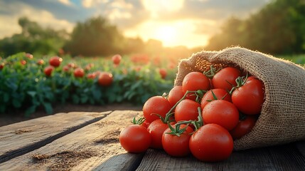Poster - Burlap sack with plump tomatoes spilling out placed on a wooden table with a lush blooming agricultural field in the background offering a perfect area for text