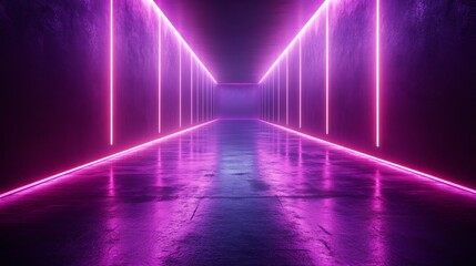 Poster - Captivating metal shadow gradient studio abstract background a deep purple wall and floor featuring shimmering lights and laser beams designed for an upscale showcase of electronic devices and cars