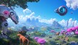 © Puchong - Whimsical 3D rendered landscape with colorful cartoon characters and buildings,  against a bright blue sky.
