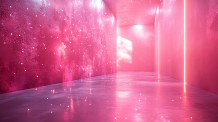 Poster - Chic metal shadow gradient studio abstract background featuring a soft pink wall and floor illuminated by playful laser lights and sparkles creating an inviting atmosphere for modern tech showcases