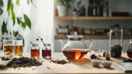 Aufkleber - An elegantly set up tea blending and tasting laboratory, Tea leaves and blending tools for artisanal tea creation, Gourmet tea enthusiast style