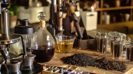 Aufkleber - An elegantly set up tea blending and tasting laboratory, Tea leaves and blending tools for artisanal tea creation, Gourmet tea enthusiast style