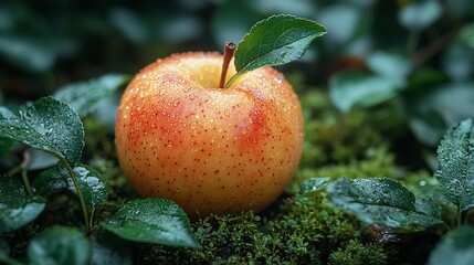 A single red and yellow apple sits on a bed of green moss with leaves.