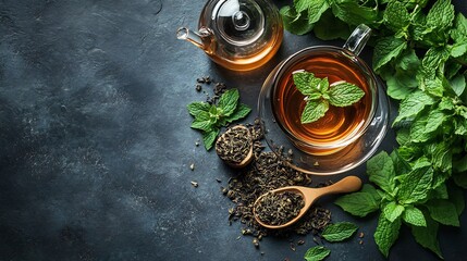 Poster - Clear cup filled with fresh peppermint tea beside a glass teapot and a wooden spoon of dried peppermint leaves surrounded by an herbal tea scene with plenty of space for text