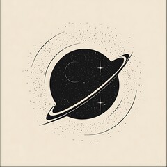 Wall Mural - Minimalist black and white illustration of a planet with rings and stars on a beige background.