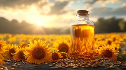 Fototapete - Clear glass bottle filled with golden sunflower oil stands on a rustic wooden table surrounded by sunflower seeds with a vast sunflower field in the background and ample copy space for text