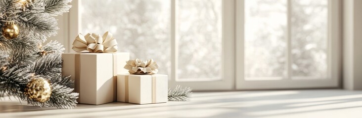 Christmas banner with beige gift boxes and gold ribbons. New Year gifts with toys and Christmas tree.