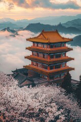 A Chinese-style building, located on the top of Mountains in China, with floors and golden roofs, during cherry blossom season. During a beautiful sunset, surrounded by sea of clouds