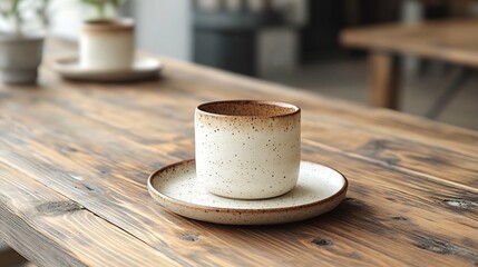 Poster - Closeup view of a beautifully arranged minimalist dining scene featuring a ceramic cup and plate on a wooden table highlighting the earthy tones and artisanal craftsmanship of the tableware