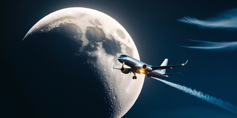 The plane flies during the moonlight