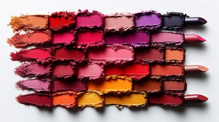 Fototapete - Collage of lipstick swatches in various hues spread across a white background each color blending smoothly with the next forming a trendy and eyecatching beauty product presentation