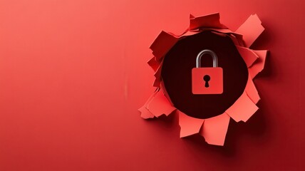 Aufkleber - A paper cutout hole in a red background with a lock icon inside, symbolizing data security and online protection. 