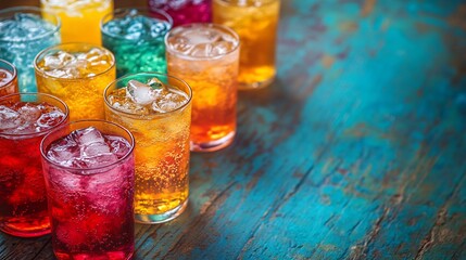 Poster - Colorful arrangement of glasses filled with various refreshing soda waters each with ice cubes placed on a rustic wooden table inviting a vibrant atmosphere with ample space for text