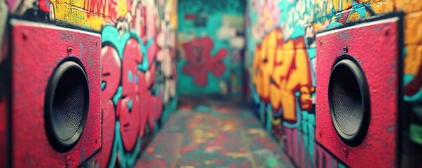Poster - Vibrant urban hallway with colorful graffiti and speakers, creating a dynamic and energetic atmosphere for art enthusiasts.