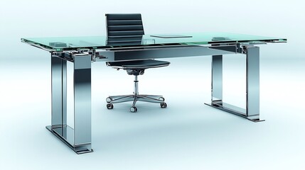 Poster - Contemporary office desk with a tempered glass surface and chrome legs isolated on a white background suited for sleek highend office setups with a focus on style