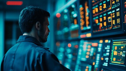 Poster - A focused technician analyzes digital data on control panels in a high-tech environment, showcasing modern technology in action.