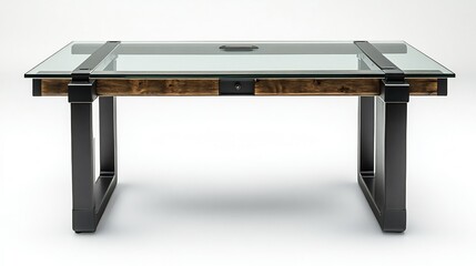 Poster - Contemporary office table with a glass top and dark metal frame isolated on a white background blending style and functionality perfect for professional office settings