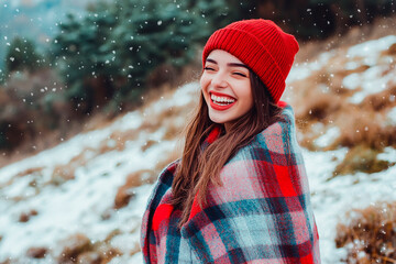 A woman wrapped in an elegant plaid blanket, wearing a red beanie hat , laughing standing on a snowy hillside. Beautiful nature background. Lifestyle concept. Photoshoot of a beautiful woman outdoors 