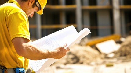 Canvas Print - Construction Worker Reviewing Blueprints on Site