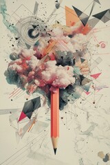 Wall Mural - A floating pencil through a surreal cloud of geometric shapes and fragmented lines. 