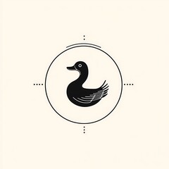 Poster - Simple black silhouette of a duck inside a circle with dots around it, on a white background.