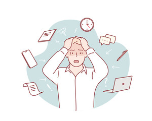 Focusing on problems. Work pressure. Too many thoughts in mind. Stress and anxiety. Hand drawn style vector design illustrations.