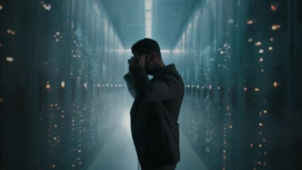 A Man Walking Down A Hallway In A Server Room With Lights Conference Room Video Art Data Privacy