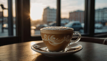 A cup of latte with intricate foam art, sitting on a café table by a large window with cozy lighting.