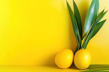 Bright yellow background with two lemons and palm leaves