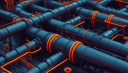 Poster - Abstract industrial scene featuring a network of pipes with vivid orange highlights on a dark background, creating a striking visual effect.