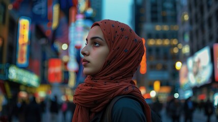 Wall Mural - A woman wearing a hijab against a bustling urban backdrop, celebrating cultural diversity.