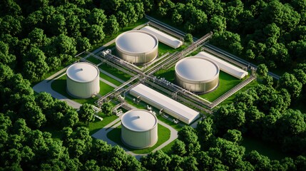 Aerial view of large storage tanks surrounded by lush greenery, showcasing industrial infrastructure in a natural setting.