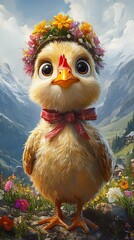 Poster - Cute hen wearing a traditional dirndl painted in high resolution with Pixarinspired style Her expressive face and soft Oktoberfest background give the image a light playful feel