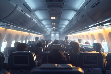 Airplane cabin interior with seated passengers