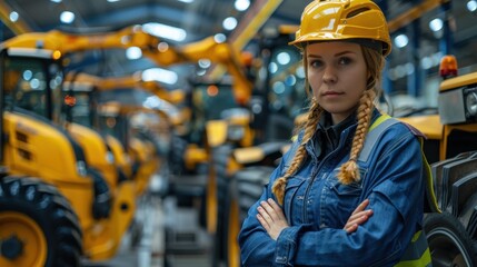 Girl worker in yellow helmet and uniform at tractor production. Production concept