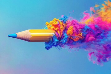 A floating pencil with an abstract  colourful smoke