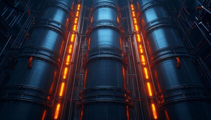 Poster - Futuristic technology background featuring metallic barrels illuminated by glowing orange lights in a dark environment.
