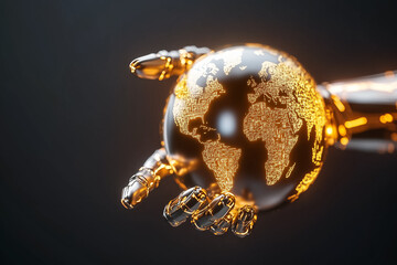 Poster - A robotic hand reaches for a glowing digital globe, symbolizing tech's role in global connection