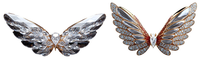 Poster - Elegant diamond wings featuring intricate designs and sparkling crystals, set against white background. These stunning pieces showcase luxury and craftsmanship. png transparent background