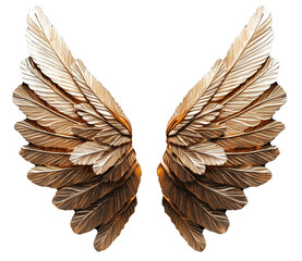 Poster - Golden wings with intricate feather details create stunning visual on white background, evoking sense of elegance and freedom. design captures beauty of nature and artistry. png transparent background
