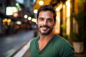 Wall Mural - Portrait of a handsome man smiling at the camera in a night city