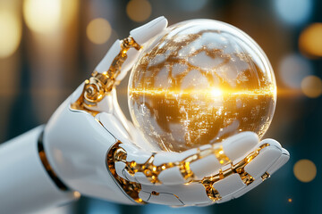 Poster - A robotic hand extends toward a luminous digital globe, symbolizing innovation and connection in technology