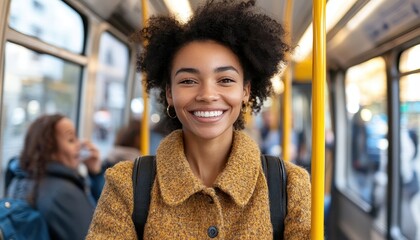 A woman smiles brightly while riding public transportation in a city setting