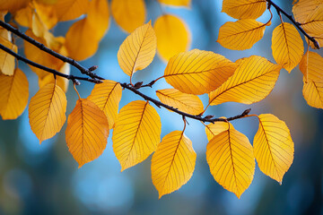 Poster - Autumn leaves in vibrant orange hues on a tree branch during fall