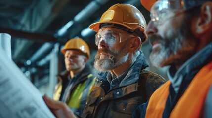 A dynamic team of an engineering manager, project consultant, and foreman reviewing construction progress with blueprints in hand, all wearing safety gear