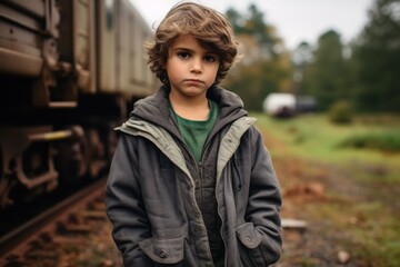 Sticker - Portrait of a boy on the background of an old train.