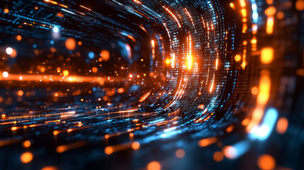 Poster - Vibrant data streams flow in a tunnel of light, featuring glowing orange and blue particles in a digital landscape
