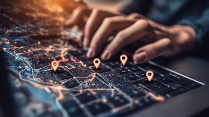 Poster - Hands on Keyboard with Digital Map and Location Pins