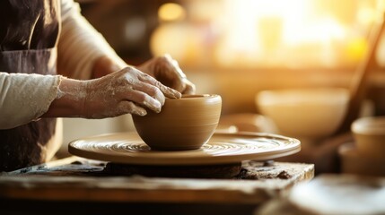 Poster - An immersive pottery-making session in a sunlit studio, Pottery wheel in action, Artistic studio style