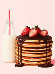 Healthy summer breakfast, homemade classic american pancakes with fresh fruit and honey, morning light background copy space top view
